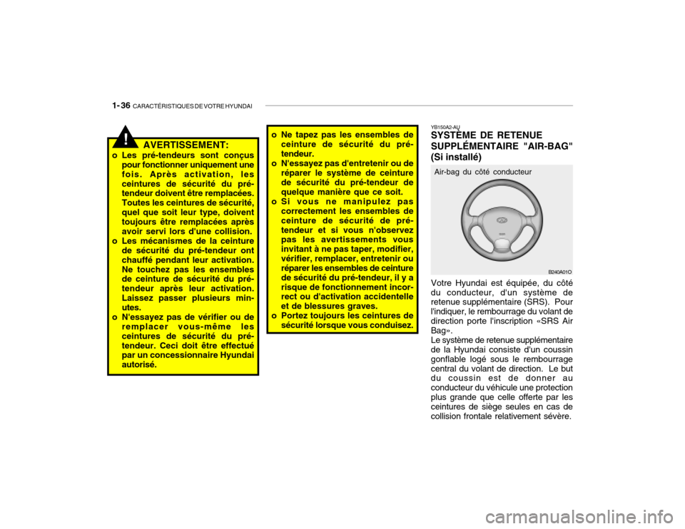 Hyundai Santa Fe 2004 Manuel du propriétaire (in French) 1- 36 CARACTÉRISTIQUES DE VOTRE HYUNDAI
B240A01O
YB150A2-AU SYSTÈME DE RETENUE SUPPLÉMENTAIRE "AIR-BAG"(Si installé) Votre Hyundai est équipée, du côté
du conducteur, dun système de retenue Hyundai Santa Fe 2004 Manuel du propriétaire (in French) 1- 36 CARACTÉRISTIQUES DE VOTRE HYUNDAI
B240A01O
YB150A2-AU SYSTÈME DE RETENUE SUPPLÉMENTAIRE "AIR-BAG"(Si installé) Votre Hyundai est équipée, du côté
du conducteur, dun système de retenue