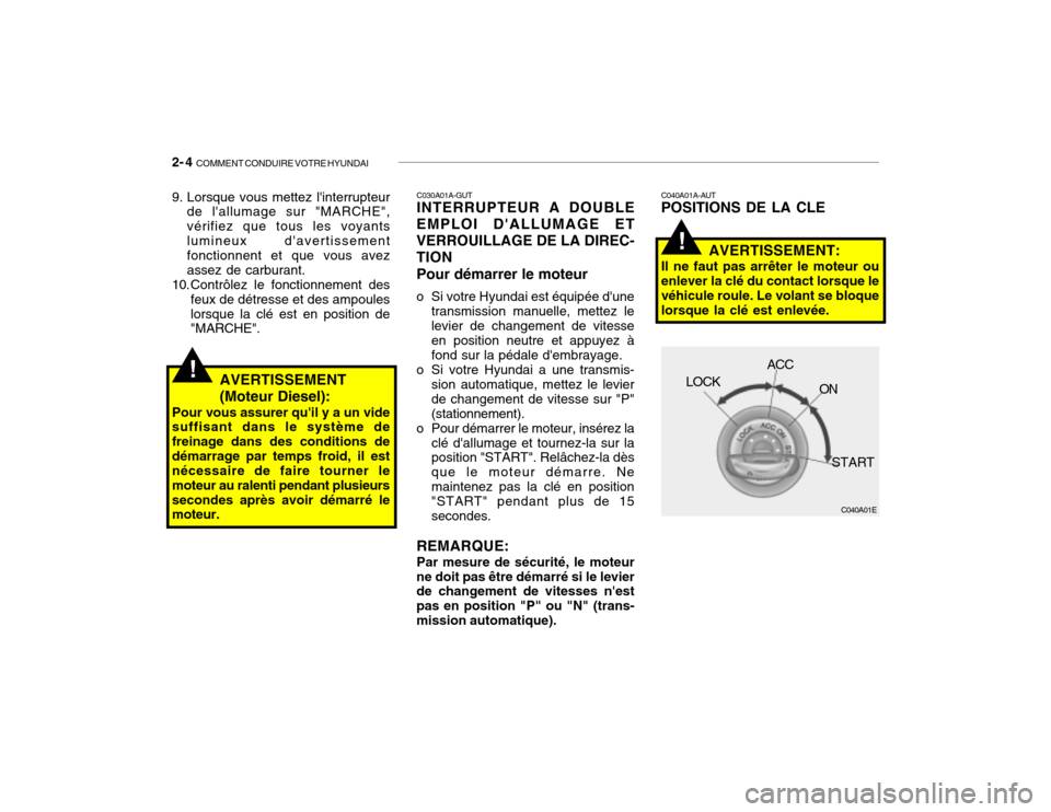 Hyundai Santa Fe 2004  Manuel du propriétaire (in French) 2- 4  COMMENT CONDUIRE VOTRE HYUNDAI
!
C040A01A-AUT POSITIONS DE LA CLE
AVERTISSEMENT:
Il ne faut pas arrêter le moteur ou enlever la clé du contact lorsque levéhicule roule. Le volant se bloque lo