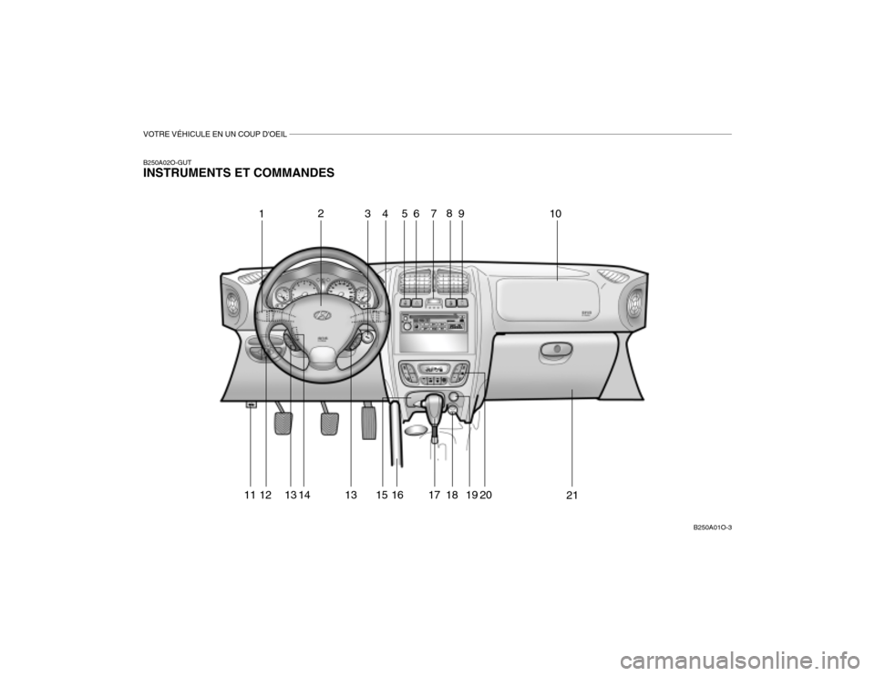 Hyundai Santa Fe 2004  Manuel du propriétaire (in French) VOTRE VÉHICULE EN UN COUP DOEIL
B250A02O-GUT INSTRUMENTS ET COMMANDES
B250A01O-3
12
34 567 8
11 12 13 13 15 16 17 18 19 149
2010
21  