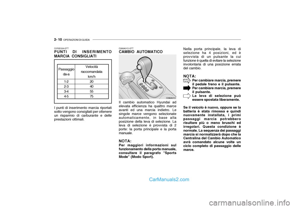 Hyundai Santa Fe 2004  Manuale del proprietario (in Italian) 2- 10  OPERAZIONI DI GUIDA
C090A01O Nella porta principale, la leva di
selezione ha 4 posizioni, ed è provvista di un pulsante la cuifunzione è quella di evitare la selezione involontaria di una pos