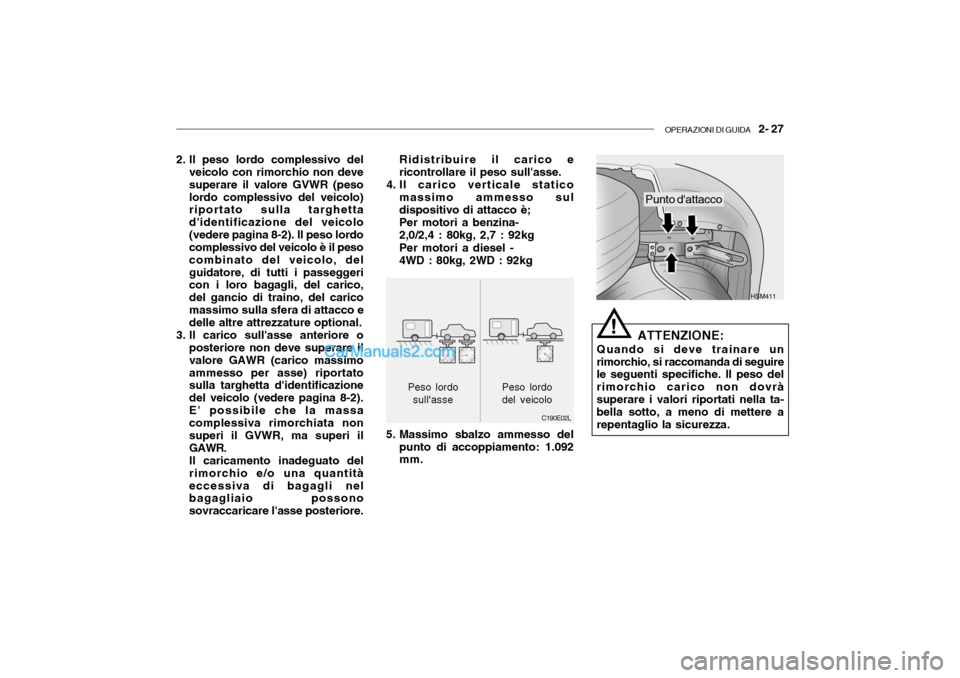 Hyundai Santa Fe 2004  Manuale del proprietario (in Italian) OPERAZIONI DI GUIDA   2- 27
HSM411
Punto dattacco
2. Il peso lordo complessivo del
veicolo con rimorchio non deve superare il valore GVWR (pesolordo complessivo del veicolo) riportato sulla targhetta