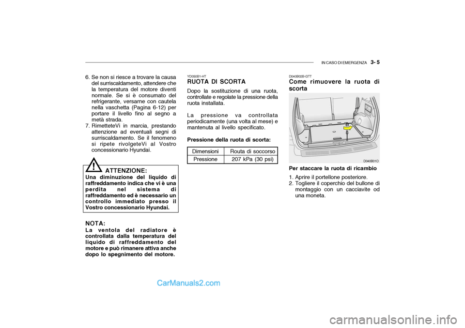Hyundai Santa Fe 2004  Manuale del proprietario (in Italian) IN CASO DI EMERGENZA   3- 5
6. Se non si riesce a trovare la causa
del surriscaldamento, attendere che la temperatura del motore diventinormale. Se si è consumato del refrigerante, versarne con caute