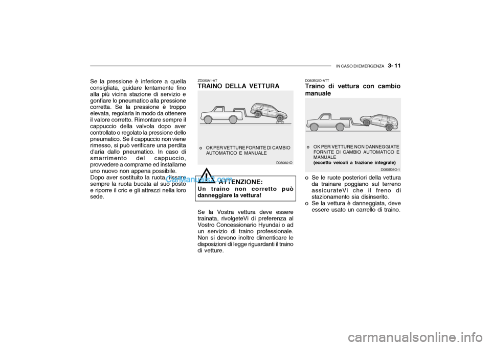 Hyundai Santa Fe 2004  Manuale del proprietario (in Italian) IN CASO DI EMERGENZA   3- 11
D080A01O
ZD080A1-AT TRAINO DELLA VETTURA
o OK PER VETTURE FORNITE DI CAMBIO AUTOMATICO E MANUALE
ATTENZIONE:
Un traino non corretto può
danneggiare la vettura!
Se la Vost