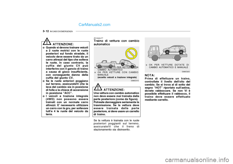 Hyundai Santa Fe 2004  Manuale del proprietario (in Italian) 3- 12  IN CASO DI EMERGENZA
D080C02O
o OK PER VETTURE DOTATE DI
CAMBIO AUTOMATICO E MANUALE
NOTA: Prima di effettuare un traino,
controllate il livello dellolio del cambio. Se si trova al di sotto de