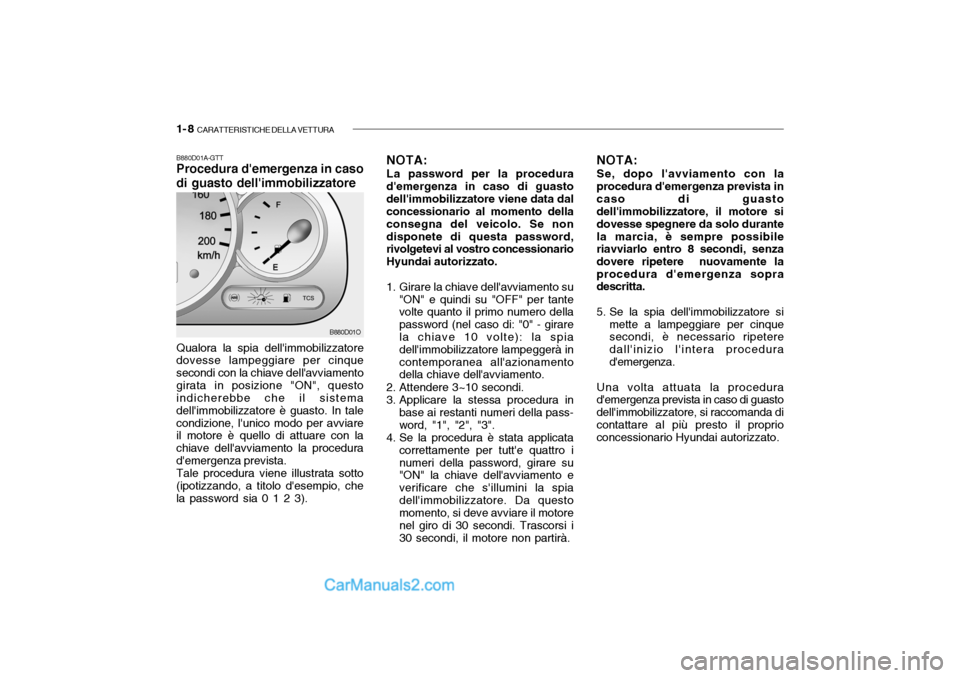 Hyundai Santa Fe 2004  Manuale del proprietario (in Italian) 1- 8  CARATTERISTICHE DELLA VETTURA
B880D01A-GTT Procedura demergenza in caso di guasto dellimmobilizzatore Qualora la spia dellimmobilizzatore dovesse lampeggiare per cinque secondi con la chiave 