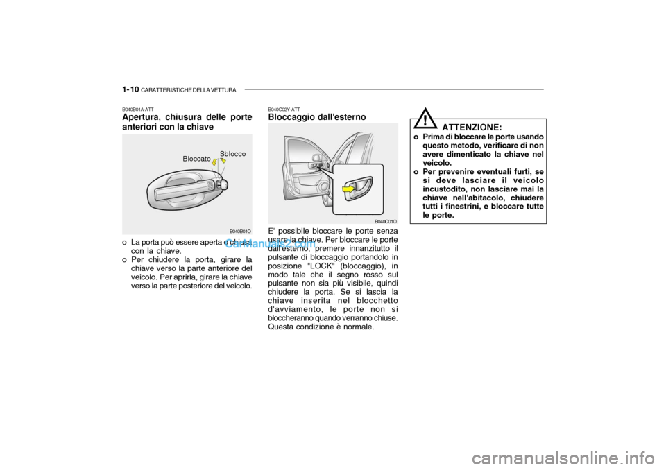 Hyundai Santa Fe 2004  Manuale del proprietario (in Italian) 1- 10  CARATTERISTICHE DELLA VETTURA
B040C02Y-ATT Bloccaggio dallesterno E possibile bloccare le porte senza
usare la chiave. Per bloccare le porte dallesterno, premere innanzitutto il pulsante di 