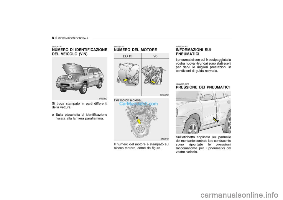 Hyundai Santa Fe 2004 Manuale del proprietario (in Italian) 8- 2 INFORMAZIONI GENERALI
I030A01O-GTT PRESSIONE DEI PNEUMATICI
Sulletichetta applicata sul pannello del montante centrale lato conducente sono riportate le pressioni raccomandate per i pneumatici Hyundai Santa Fe 2004 Manuale del proprietario (in Italian) 8- 2 INFORMAZIONI GENERALI
I030A01O-GTT PRESSIONE DEI PNEUMATICI
Sulletichetta applicata sul pannello del montante centrale lato conducente sono riportate le pressioni raccomandate per i pneumatici