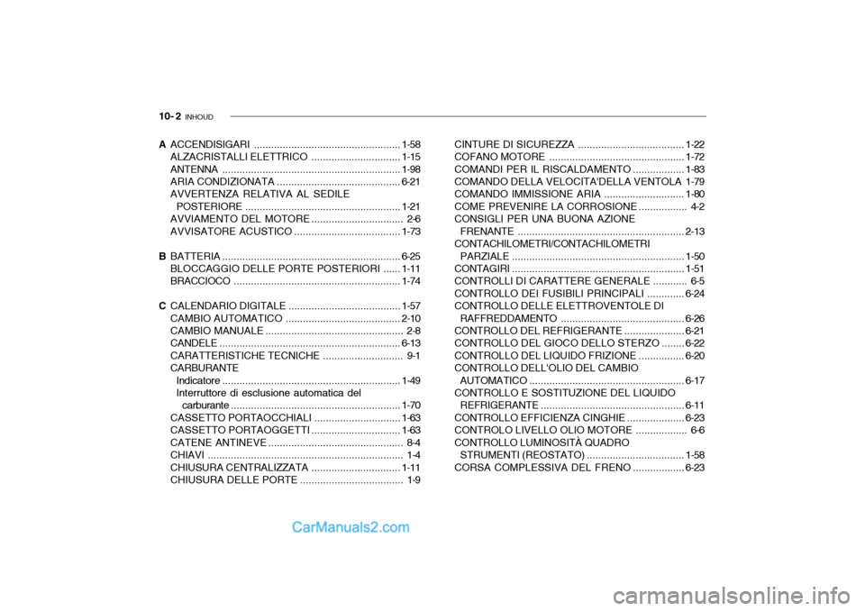 Hyundai Santa Fe 2004  Manuale del proprietario (in Italian) 10- 2  INHOUD
A ACCENDISIGARI ................................................... 1-58
ALZACRISTALLI ELETTRICO ...............................1-15
ANTENNA .............................................