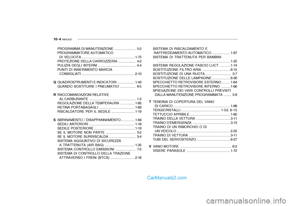 Hyundai Santa Fe 2004  Manuale del proprietario (in Italian) 10- 4  INHOUD
PROGRAMMA DI MANUTENZIONE ...................... 5-2
PROGRAMMATORE AUTOMATICO DI VELOCITA ....................................................... 1-75
PROTEZIONE DELLA CARROZZERIA ......