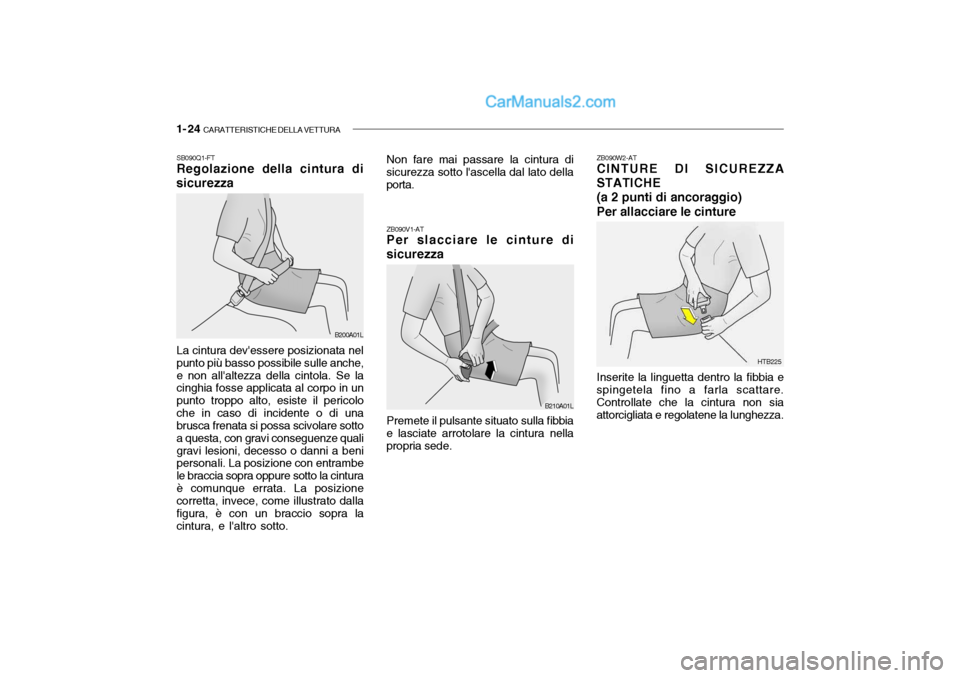 Hyundai Santa Fe 2004  Manuale del proprietario (in Italian) 1- 24  CARATTERISTICHE DELLA VETTURA
ZB090V1-AT Per slacciare le cinture di sicurezza Premete il pulsante situato sulla fibbia
e lasciate arrotolare la cintura nella propria sede. HTB225
ZB090W2-AT CI