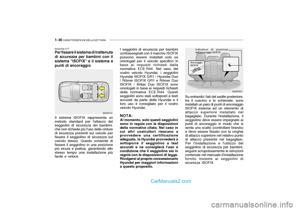 Hyundai Santa Fe 2004  Manuale del proprietario (in Italian) 1- 30  CARATTERISTICHE DELLA VETTURA
B230D02O
Ancoraggio ISOFIX
Indicatore di posizione
dellancoraggio ISOFIXI seggiolini di sicurezza per bambini
contrassegnati con il marchio ISOFIX possono essere 