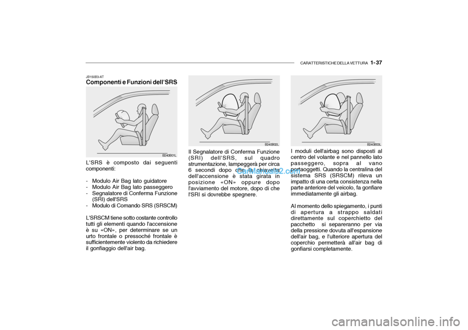 Hyundai Santa Fe 2004 Manuale del proprietario (in Italian) CARATTERISTICHE DELLA VETTURA 1- 37
JB150B3-AT Componenti e Funzioni dellSRS
LSRS è composto dai seguenti
componenti:
- Modulo Air Bag lato guidatore
- Modulo Air Bag lato passeggero
- Segnala Hyundai Santa Fe 2004 Manuale del proprietario (in Italian) CARATTERISTICHE DELLA VETTURA 1- 37
JB150B3-AT Componenti e Funzioni dellSRS
LSRS è composto dai seguenti
componenti:
- Modulo Air Bag lato guidatore
- Modulo Air Bag lato passeggero
- Segnala