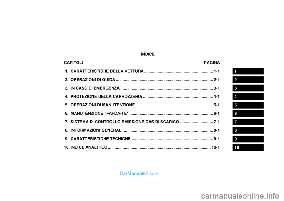 Hyundai Santa Fe 2004  Manuale del proprietario (in Italian) INDICE
CAPITOLI PAGINA
 1. CARATTERISTICHE DELLA  VETTURA ............................................................. 1-1
 2. OPERAZIONI DI GUIDA ....................................................