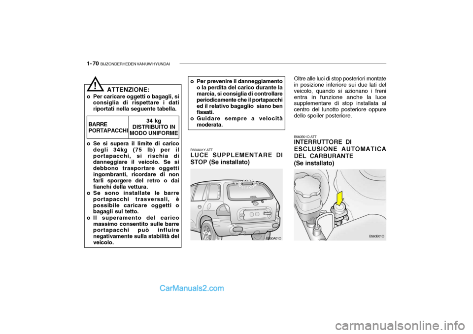 Hyundai Santa Fe 2004  Manuale del proprietario (in Italian) 1- 70  BIJZONDERHEDEN VAN UW HYUNDAI
B560B01O-ATT INTERRUTTORE DI ESCLUSIONE AUTOMATICA DEL CARBURANTE (Se installato)
B550A01Y-ATT LUCE SUPPLEMENTARE DI
STOP (Se installato)
o Per prevenire il danneg