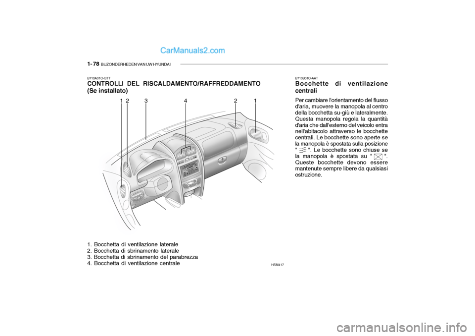 Hyundai Santa Fe 2004 Manuale del proprietario (in Italian) 1- 78 BIJZONDERHEDEN VAN UW HYUNDAI
B710A01O-GTT CONTROLLI DEL RISCALDAMENTO/RAFFREDDAMENTO
(Se installato) 1. Bocchetta di ventilazione laterale 2. Bocchetta di sbrinamento laterale 3. Bocchetta di Hyundai Santa Fe 2004 Manuale del proprietario (in Italian) 1- 78 BIJZONDERHEDEN VAN UW HYUNDAI
B710A01O-GTT CONTROLLI DEL RISCALDAMENTO/RAFFREDDAMENTO
(Se installato) 1. Bocchetta di ventilazione laterale 2. Bocchetta di sbrinamento laterale 3. Bocchetta di
