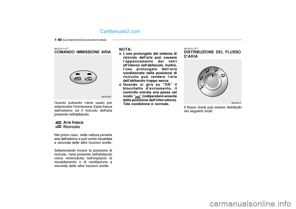 Hyundai Santa Fe 2004  Manuale del proprietario (in Italian) 1- 80  BIJZONDERHEDEN VAN UW HYUNDAI
B670D01L-GTT DISTRIBUZIONE DEL FLUSSO DARIA Il flusso daria può essere distribuito
nei seguenti modi:
B670D01O
B670C01Y-ATT COMANDO IMMISSIONE ARIA Questo pulsa