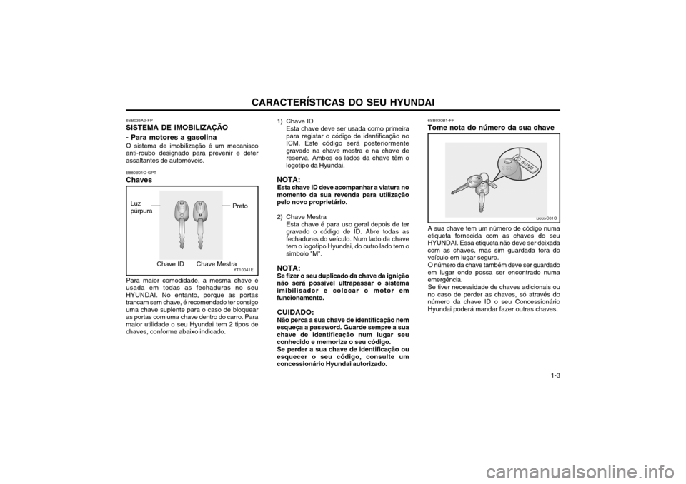 Hyundai Santa Fe 2004  Manual do proprietário (in Portuguese) CARACTERÍSTICAS DO SEU HYUNDAI 1-3
6SB035A2-FP
SISTEMA DE IMOBILIZAÇÃO - Para motores a gasolina
O sistema de imobilização é um mecanisco
anti-roubo designado para prevenir e deter assaltantes d