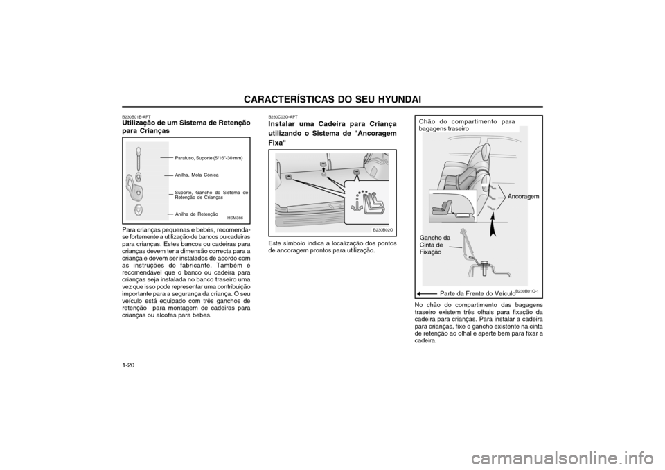 Hyundai Santa Fe 2004  Manual do proprietário (in Portuguese) CARACTERÍSTICAS DO SEU HYUNDAI
1-20
HSM386
B230B01E-APT
Utilização de um Sistema de Retenção para Crianças
Parafuso, Suporte (5/16"-30 mm) Anilha, Mola Cónica
Suporte, Gancho do Sistema de Rete