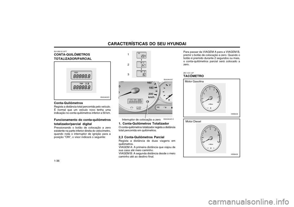 Hyundai Santa Fe 2004  Manual do proprietário (in Portuguese) CARACTERÍSTICAS DO SEU HYUNDAI
1-36
B300A03O
B300A04O-3
1 2 3
ZB110X1-AP TACÓMETRO
Interruptor de colocação a zero
1. Conta-Quilómetros Totalizador O conta-quilómetros totalizador regista a dist