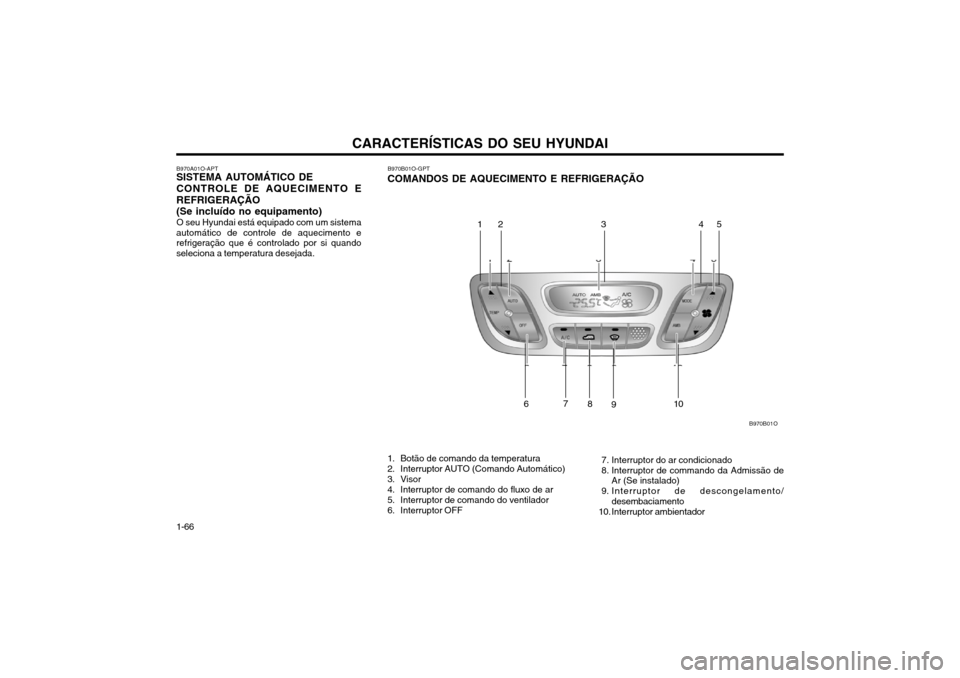 Hyundai Santa Fe 2004  Manual do proprietário (in Portuguese) CARACTERÍSTICAS DO SEU HYUNDAI
1-66
10
9
8
7
23
B970B01O
145
6
B970A01O-APT
SISTEMA AUTOMÁTICO DE CONTROLE DE AQUECIMENTO E REFRIGERAÇÃO (Se incluído no equipamento)
O seu Hyundai está equipado 