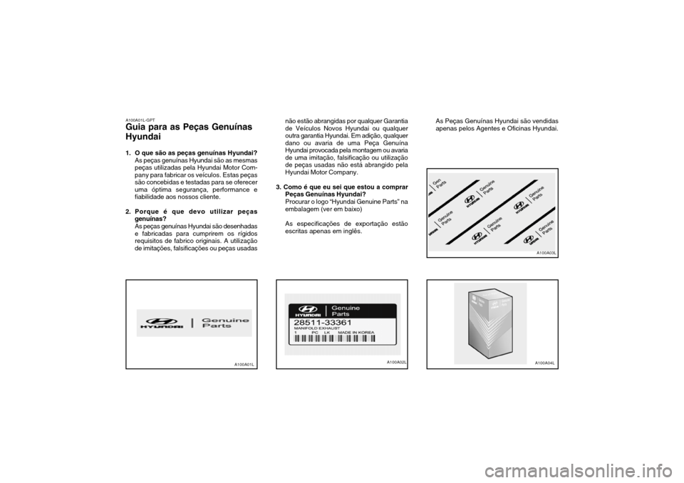 Hyundai Santa Fe 2004  Manual do proprietário (in Portuguese) A100A01L-GPT
Guia para as Peças Genuínas Hyundai 
1. O que são as peças genuínas Hyundai? As peças genuínas Hyundai são as mesmas peças utilizadas pela Hyundai Motor Com-pany para fabricar os