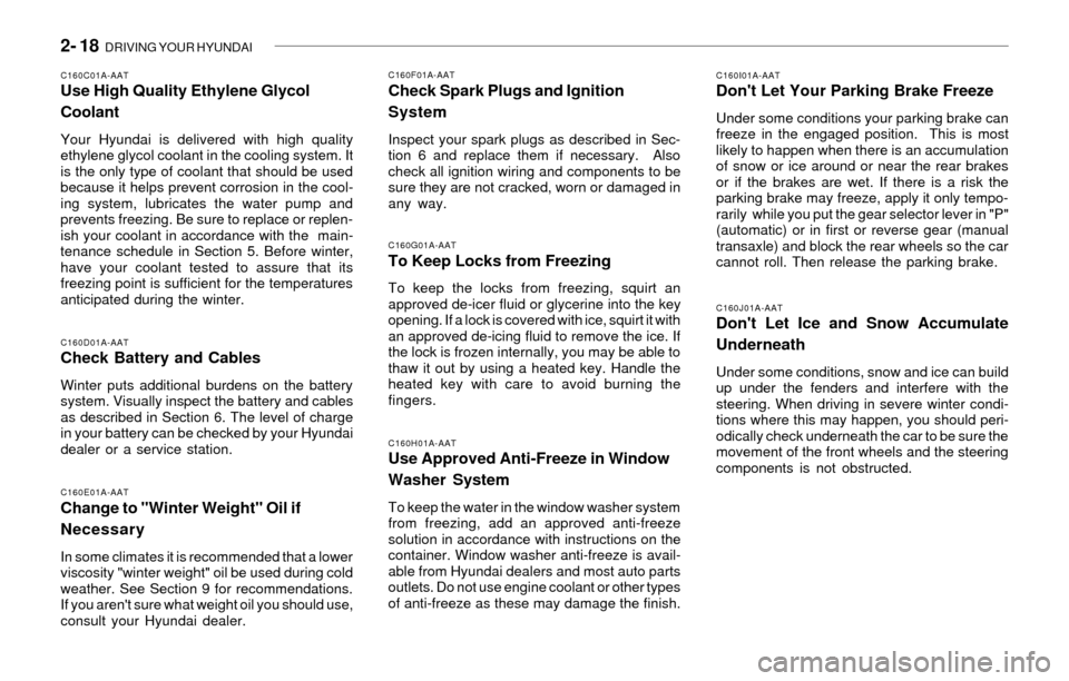 Hyundai Santa Fe 2003  Owners Manual 2- 18  DRIVING YOUR HYUNDAI
C160J01A-AATDont Let Ice and Snow Accumulate
Underneath
Under some conditions, snow and ice can build
up under the fenders and interfere with the
steering. When driving in