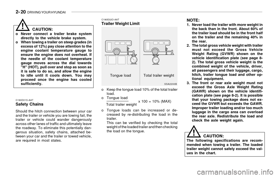 Hyundai Santa Fe 2003 Owners Manual 2- 20 DRIVING YOUR HYUNDAI
x 100 = 10% (MAX)
NOTE:1. Never load the trailer with more weight in
the back than in the front. About 60% of
the trailer load should be in the front half
on the trailer an Hyundai Santa Fe 2003 Owners Manual 2- 20 DRIVING YOUR HYUNDAI
x 100 = 10% (MAX)
NOTE:1. Never load the trailer with more weight in
the back than in the front. About 60% of
the trailer load should be in the front half
on the trailer an