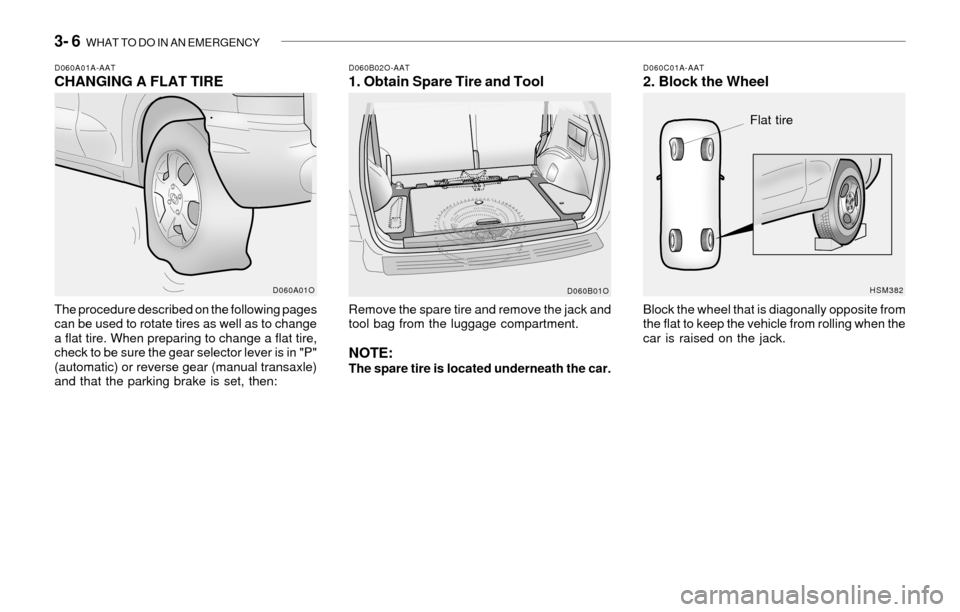 Hyundai Santa Fe 2003  Owners Manual 3- 6  WHAT TO DO IN AN EMERGENCY
D060C01A-AAT2. Block the WheelD060B02O-AAT1. Obtain Spare Tire and ToolD060A01A-AATCHANGING A FLAT TIRE
The procedure described on the following pages
can be used to r