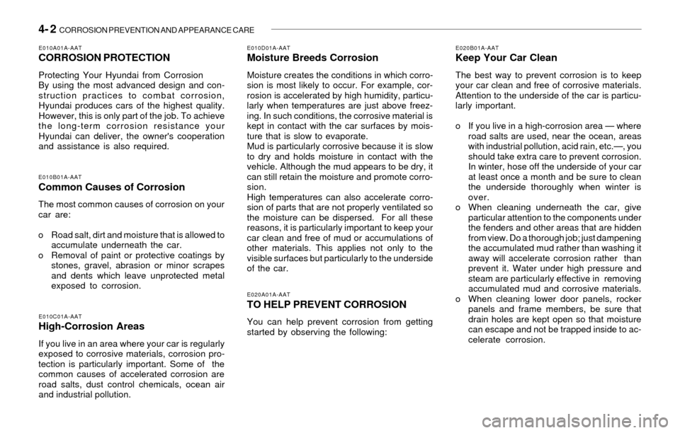 Hyundai Santa Fe 2003  Owners Manual 4- 2  CORROSION PREVENTION AND APPEARANCE CARE
E020B01A-AATKeep Your Car Clean
The best way to prevent corrosion is to keep
your car clean and free of corrosive materials.
Attention to the underside o