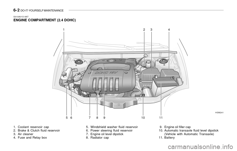 Hyundai Santa Fe 2003  Owners Manual 6- 2  DO-IT-YOURSELF MAINTENANCE
G010A01O-AATENGINE COMPARTMENT (2.4 DOHC)
HSM241
1234
56 7 8 9 10
1. Coolant reservoir cap
2. Brake & Clutch fluid reservoir
3. Air cleaner
4. Fuse and Relay box5. Win