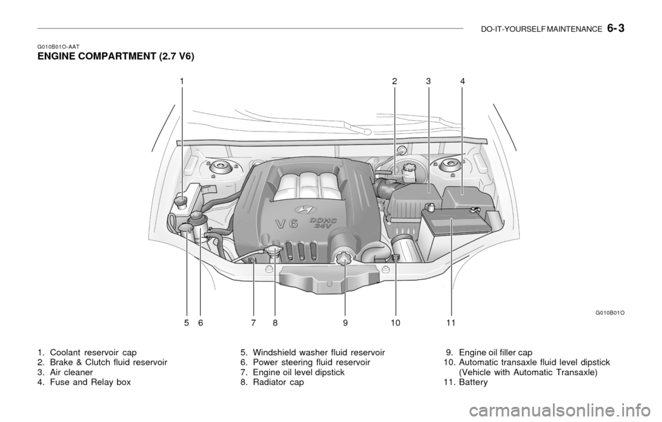 Hyundai Santa Fe 2003  Owners Manual DO-IT-YOURSELF MAINTENANCE   6- 3
G010B01O-AATENGINE COMPARTMENT (2.7 V6)
1. Coolant reservoir cap
2. Brake & Clutch fluid reservoir
3. Air cleaner
4. Fuse and Relay box5. Windshield washer fluid rese