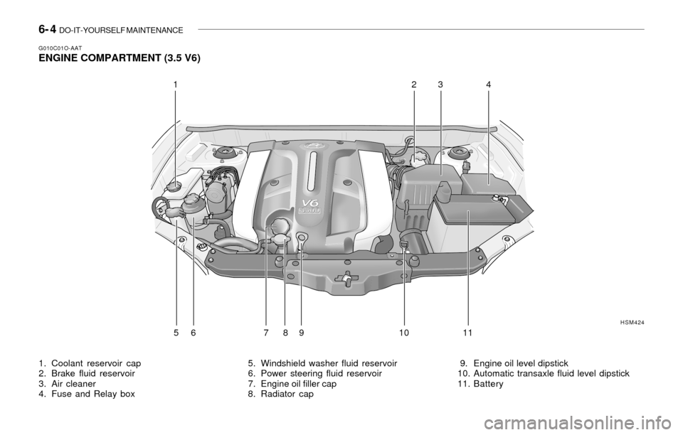 Hyundai Santa Fe 2003  Owners Manual 6- 4  DO-IT-YOURSELF MAINTENANCE
G010C01O-AATENGINE COMPARTMENT (3.5 V6)
1. Coolant reservoir cap
2. Brake fluid reservoir
3. Air cleaner
4. Fuse and Relay box5. Windshield washer fluid reservoir
6. P