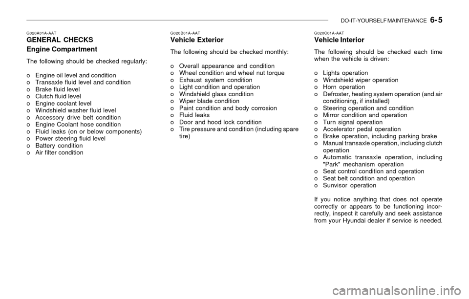 Hyundai Santa Fe 2003  Owners Manual DO-IT-YOURSELF MAINTENANCE   6- 5
G020C01A-AATVehicle Interior
The following should be checked each time
when the vehicle is driven:
o Lights operation
o Windshield wiper operation
o Horn operation
o 