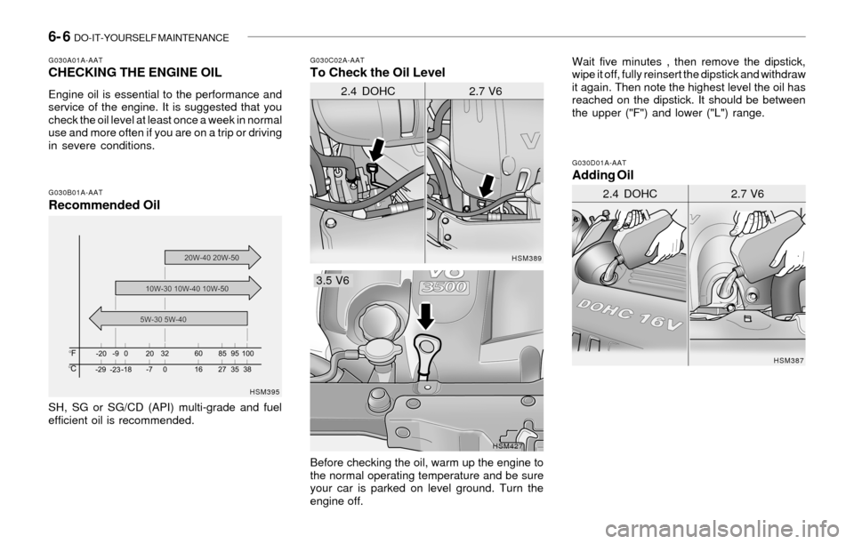 Hyundai Santa Fe 2003  Owners Manual 6- 6  DO-IT-YOURSELF MAINTENANCE
G030A01A-AATCHECKING THE ENGINE OIL
Engine oil is essential to the performance and
service of the engine. It is suggested that you
check the oil level at least once a 