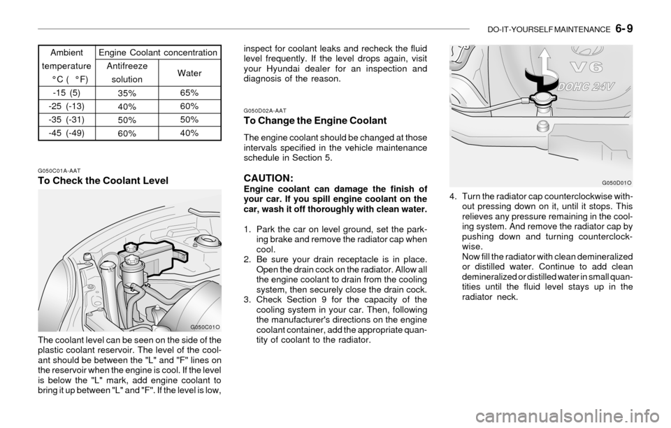 Hyundai Santa Fe 2003  Owners Manual DO-IT-YOURSELF MAINTENANCE   6- 9
G050C01A-AAT
To Check the Coolant Level
The coolant level can be seen on the side of the
plastic coolant reservoir. The level of the cool-
ant should be between the "