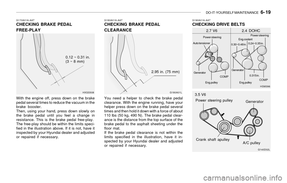 Hyundai Santa Fe 2003  Owners Manual DO-IT-YOURSELF MAINTENANCE   6- 19
G180A01A-AATCHECKING BRAKE PEDAL
CLEARANCEG170A01A-AATCHECKING BRAKE PEDAL
FREE-PLAY
With the engine off, press down on the brake
pedal several times to reduce the v