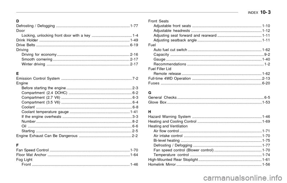 Hyundai Santa Fe 2003  Owners Manual INDEX  10- 3
D
Defrosting / Defogging ......................................................................1-77
Door
Locking, unlocking front door with a key ...................................... 1-