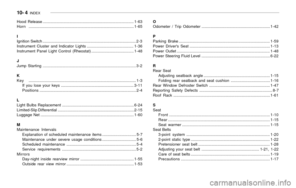 Hyundai Santa Fe 2003  Owners Manual 10- 4  INDEX
Hood Release ....................................................................................1-63
Horn.................................................................................