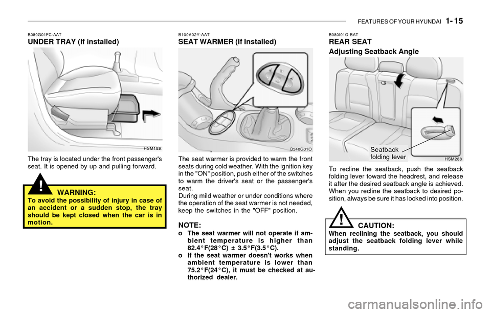 Hyundai Santa Fe 2003 Owners Guide FEATURES OF YOUR HYUNDAI 1- 15
!
B080G01FC-AATUNDER TRAY (If installed)
The tray is located under the front passengers
seat. It is opened by up and pulling forward.
WARNING:To avoid the possibility Hyundai Santa Fe 2003 Owners Guide FEATURES OF YOUR HYUNDAI 1- 15
!
B080G01FC-AATUNDER TRAY (If installed)
The tray is located under the front passengers
seat. It is opened by up and pulling forward.
WARNING:To avoid the possibility