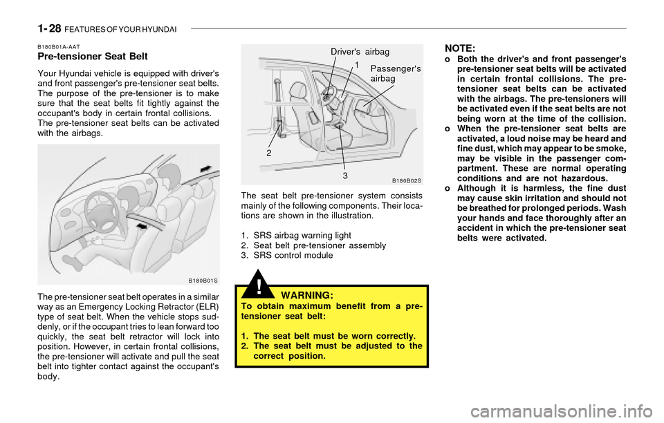 Hyundai Santa Fe 2003 Owners Guide 1- 28  FEATURES OF YOUR HYUNDAI
!
The seat belt pre-tensioner system consists
mainly of the following components. Their loca-
tions are shown in the illustration.
1. SRS airbag warning light
2. Seat b
