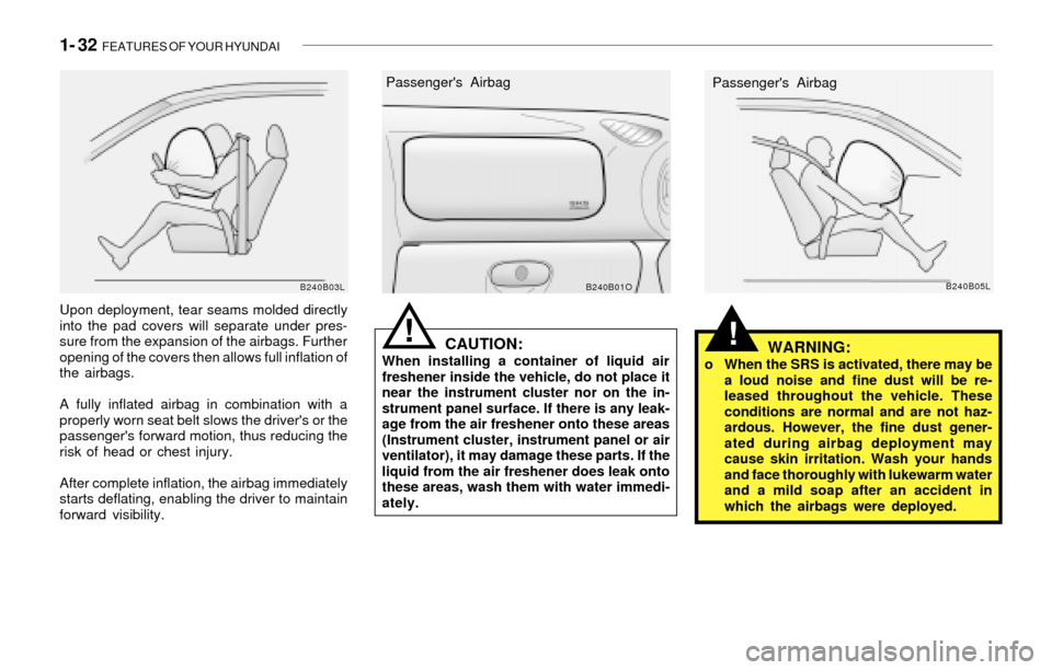 Hyundai Santa Fe 2003 Service Manual 1- 32  FEATURES OF YOUR HYUNDAI
!CAUTION:When installing a container of liquid air
freshener inside the vehicle, do not place it
near the instrument cluster nor on the in-
strument panel surface. If t