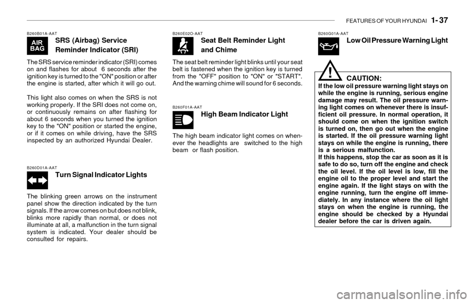 Hyundai Santa Fe 2003 Service Manual FEATURES OF YOUR HYUNDAI   1- 37
B260B01A-AATSRS (Airbag) Service
Reminder Indicator (SRI)
The SRS service reminder indicator (SRI) comes
on and flashes for about  6 seconds after the
ignition key is 