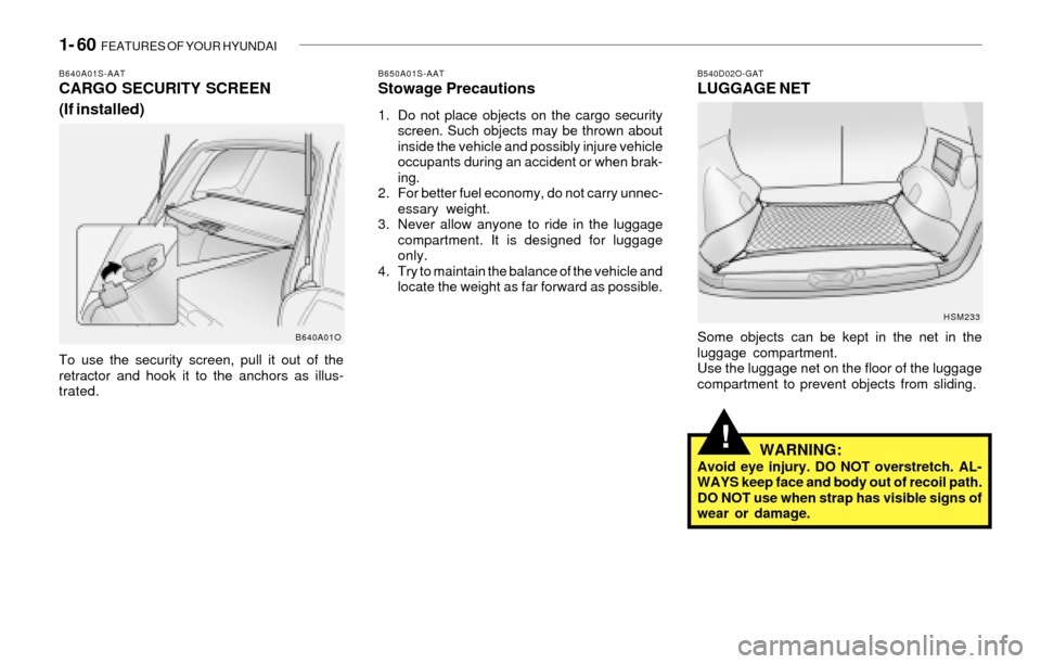Hyundai Santa Fe 2003  Owners Manual 1- 60  FEATURES OF YOUR HYUNDAI
!
B540D02O-GATLUGGAGE NET
Some objects can be kept in the net in the
luggage compartment.
Use the luggage net on the floor of the luggage
compartment to prevent objects