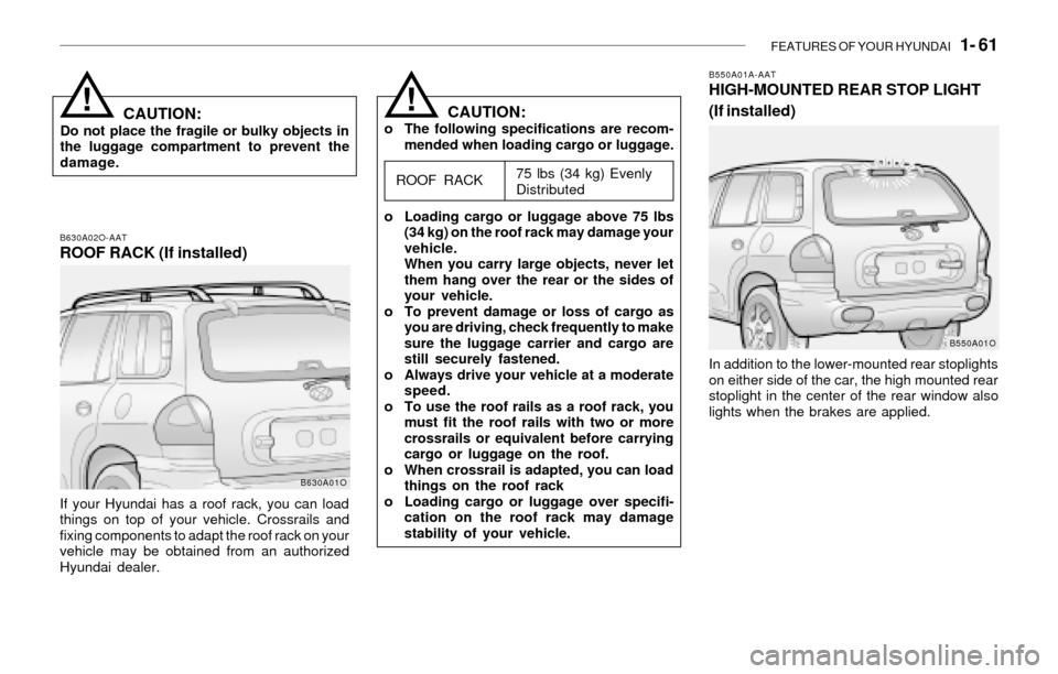 Hyundai Santa Fe 2003 Manual PDF FEATURES OF YOUR HYUNDAI 1- 61
B630A02O-AATROOF RACK (If installed)
If your Hyundai has a roof rack, you can load
things on top of your vehicle. Crossrails and
fixing components to adapt the roof ra Hyundai Santa Fe 2003 Manual PDF FEATURES OF YOUR HYUNDAI 1- 61
B630A02O-AATROOF RACK (If installed)
If your Hyundai has a roof rack, you can load
things on top of your vehicle. Crossrails and
fixing components to adapt the roof ra