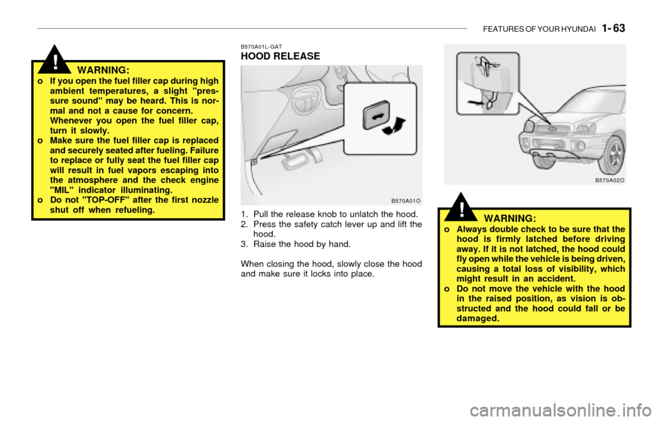 Hyundai Santa Fe 2003 Manual PDF FEATURES OF YOUR HYUNDAI 1- 63
!
B570A01L-GATHOOD RELEASE
1. Pull the release knob to unlatch the hood.
2. Press the safety catch lever up and lift the
hood.
3. Raise the hood by hand.
When closing Hyundai Santa Fe 2003 Manual PDF FEATURES OF YOUR HYUNDAI 1- 63
!
B570A01L-GATHOOD RELEASE
1. Pull the release knob to unlatch the hood.
2. Press the safety catch lever up and lift the
hood.
3. Raise the hood by hand.
When closing
