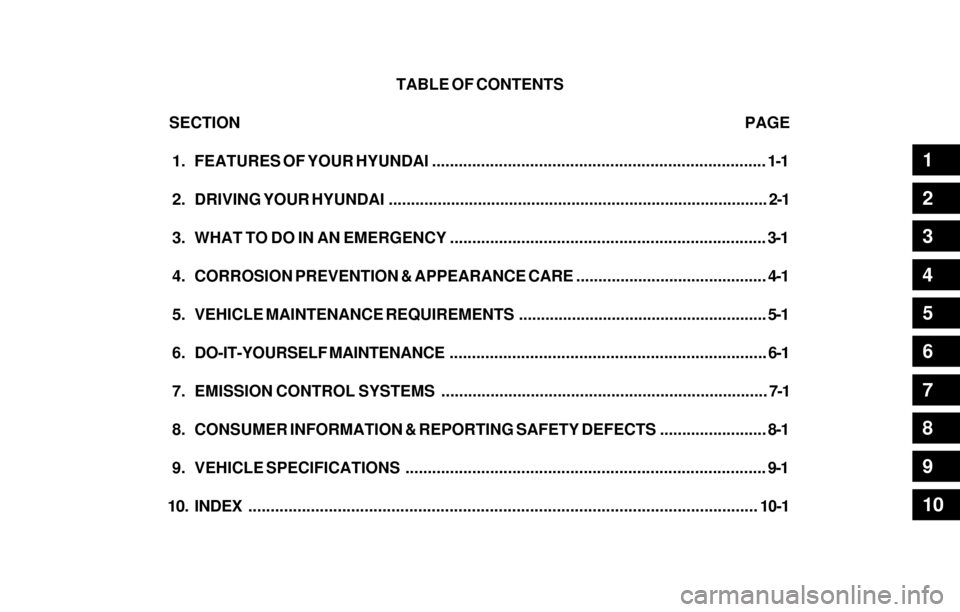 Hyundai Santa Fe 2003 Owners Manual TABLE OF CONTENTS
SECTION PAGE
1. FEATURES OF YOUR HYUNDAI .................................. Hyundai Santa Fe 2003 Owners Manual TABLE OF CONTENTS
SECTION PAGE
1. FEATURES OF YOUR HYUNDAI ..................................