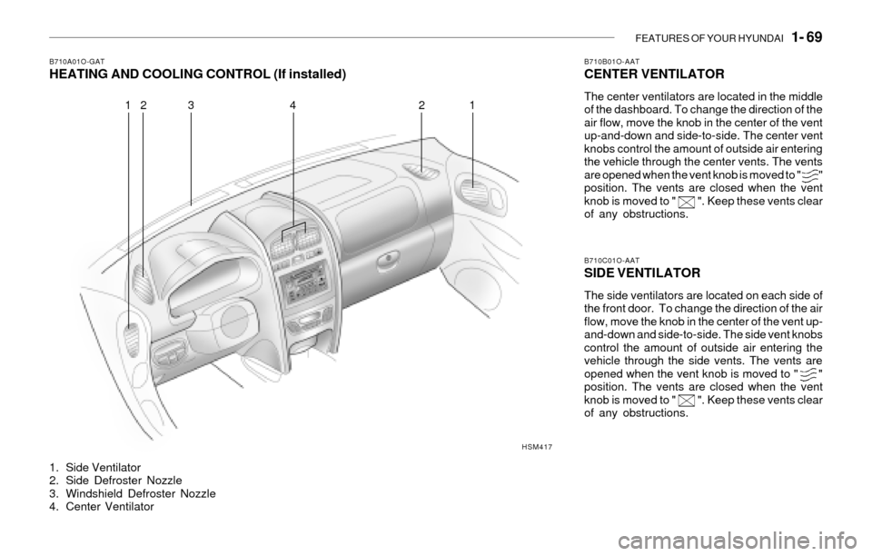 Hyundai Santa Fe 2003 Manual Online FEATURES OF YOUR HYUNDAI 1- 69
HSM417 B710A01O-GAT
HEATING AND COOLING CONTROL (If installed)
1. Side Ventilator
2. Side Defroster Nozzle
3. Windshield Defroster Nozzle
4. Center Ventilator
B710B01O Hyundai Santa Fe 2003 Manual Online FEATURES OF YOUR HYUNDAI 1- 69
HSM417 B710A01O-GAT
HEATING AND COOLING CONTROL (If installed)
1. Side Ventilator
2. Side Defroster Nozzle
3. Windshield Defroster Nozzle
4. Center Ventilator
B710B01O