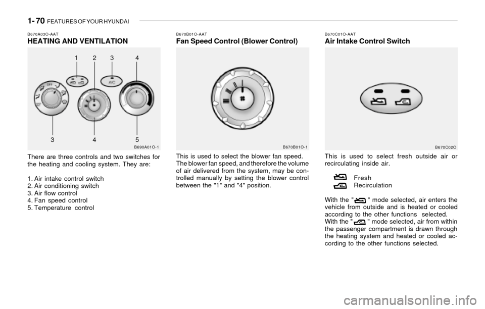 Hyundai Santa Fe 2003 Manual Online 1- 70 FEATURES OF YOUR HYUNDAI
B670C01O-AATAir Intake Control Switch
This is used to select fresh outside air or
recirculating inside air.
Fresh
Recirculation
With the " " mode selected, air ent Hyundai Santa Fe 2003 Manual Online 1- 70 FEATURES OF YOUR HYUNDAI
B670C01O-AATAir Intake Control Switch
This is used to select fresh outside air or
recirculating inside air.
Fresh
Recirculation
With the " " mode selected, air ent