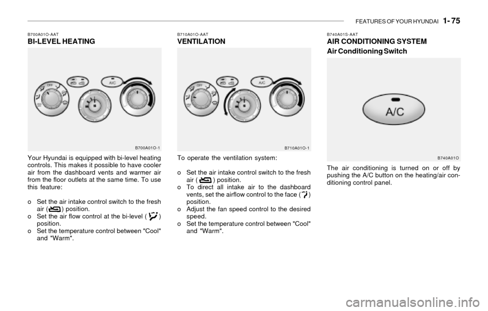 Hyundai Santa Fe 2003 Manual Online FEATURES OF YOUR HYUNDAI 1- 75
To operate the ventilation system:
o Set the air intake control switch to the fresh
air ( ) position.
o To direct all intake air to the dashboard
vents, set the Hyundai Santa Fe 2003 Manual Online FEATURES OF YOUR HYUNDAI 1- 75
To operate the ventilation system:
o Set the air intake control switch to the fresh
air ( ) position.
o To direct all intake air to the dashboard
vents, set the