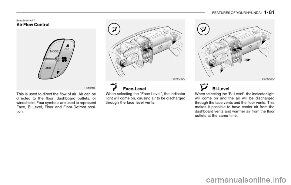 Hyundai Santa Fe 2003 Owners Manual FEATURES OF YOUR HYUNDAI 1- 81
B980E01O-AATAir Flow Control
B670D02O
Face-LevelWhen selecting the "Face-Level", the indicator
light will come on, causing air to be discharged
through the face level Hyundai Santa Fe 2003 Owners Manual FEATURES OF YOUR HYUNDAI 1- 81
B980E01O-AATAir Flow Control
B670D02O
Face-LevelWhen selecting the "Face-Level", the indicator
light will come on, causing air to be discharged
through the face level
